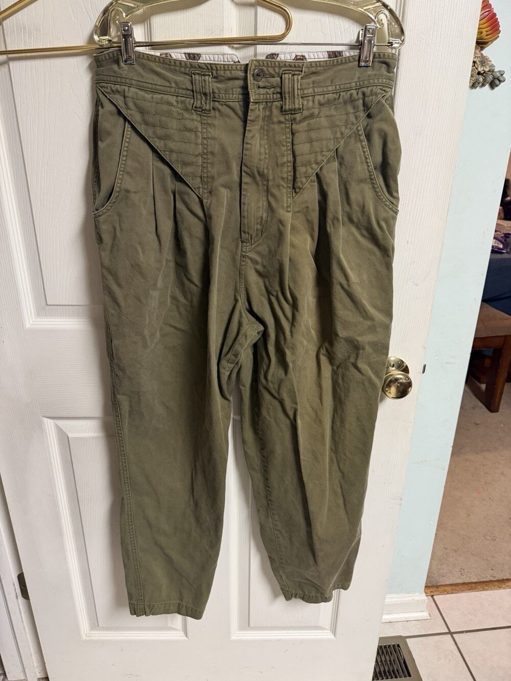 Vintage 90s High Waist Pants Tapered Green Pure Cotton Trouser Xl Sz 20 34x28